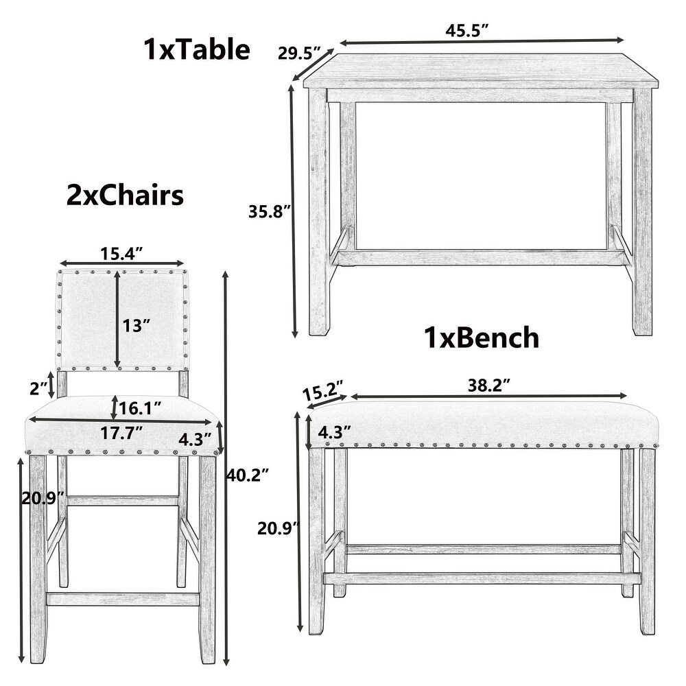 Rustic Wooden 4 Piece Counter Height Dining Table Set with Upholstered Bench