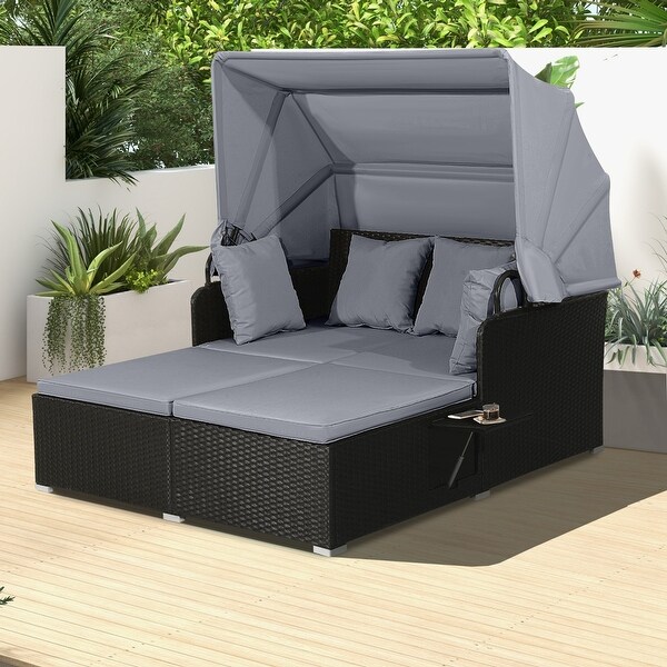 Costway Patio Rattan Daybed Lounge Retractable Top Canopy Side Tables