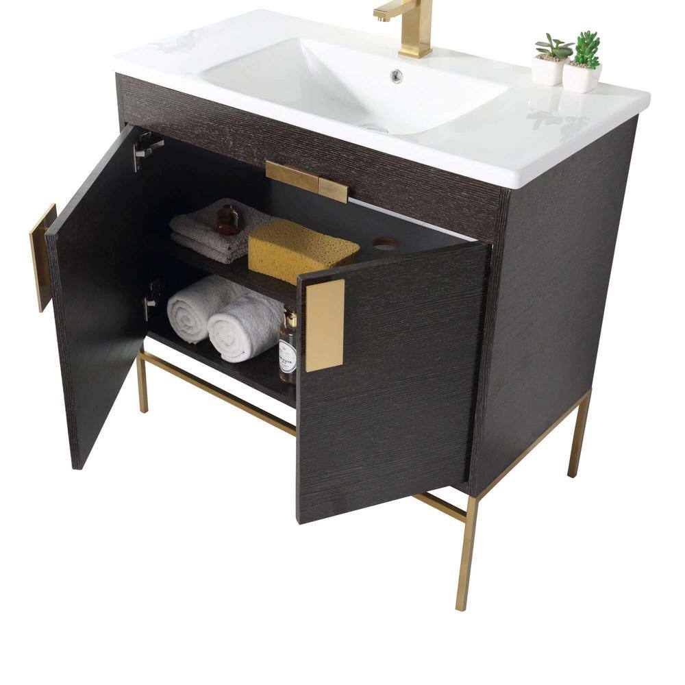 FINE FIXTURES Shawbridge 36 in. W x 18.11 in. D x 33.5 in. H Bath Vanity in Black Oak Straight Grain with White Ceramic Vanity Top SH36BL-SHHA1SB