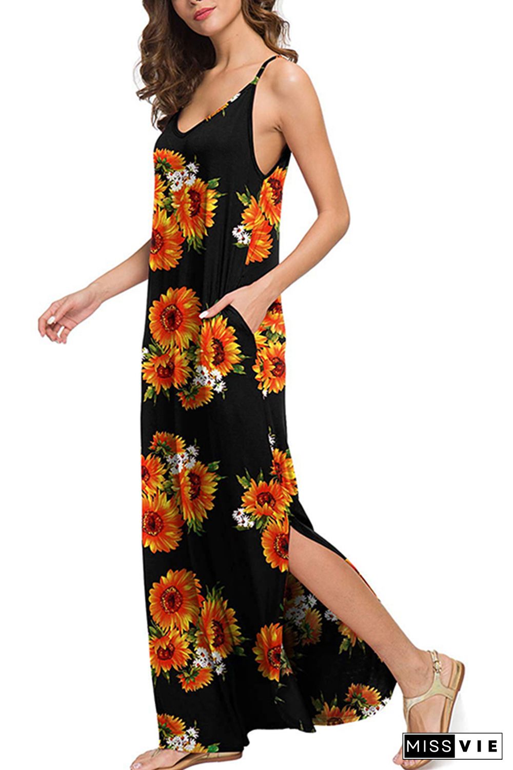 Sling V-Neck Sunflower Dress