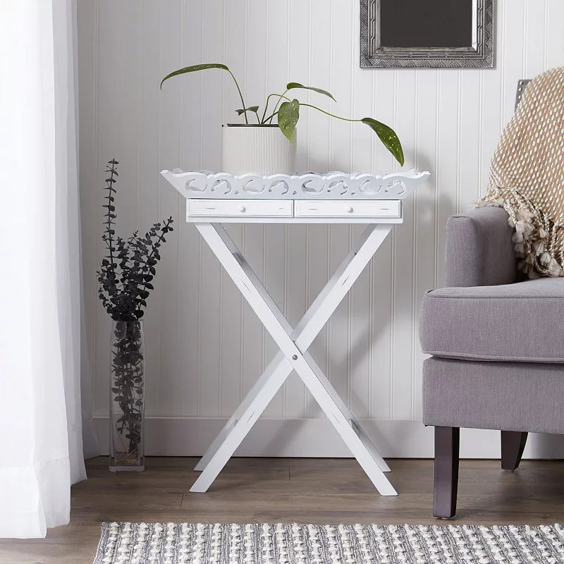 Romantic White Serving Tray with Stand with Two Drawers