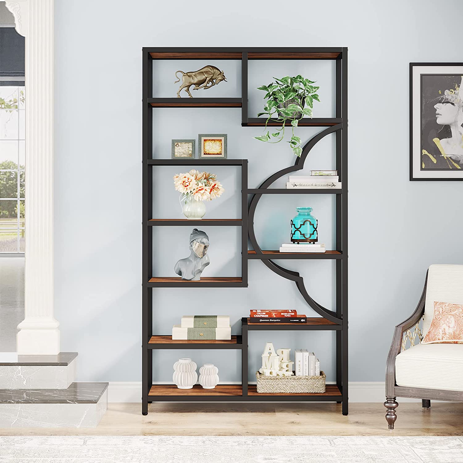 Industrial  Bookshelf, 11-Shelves Staggered Etagere 75 Tall Bookcase