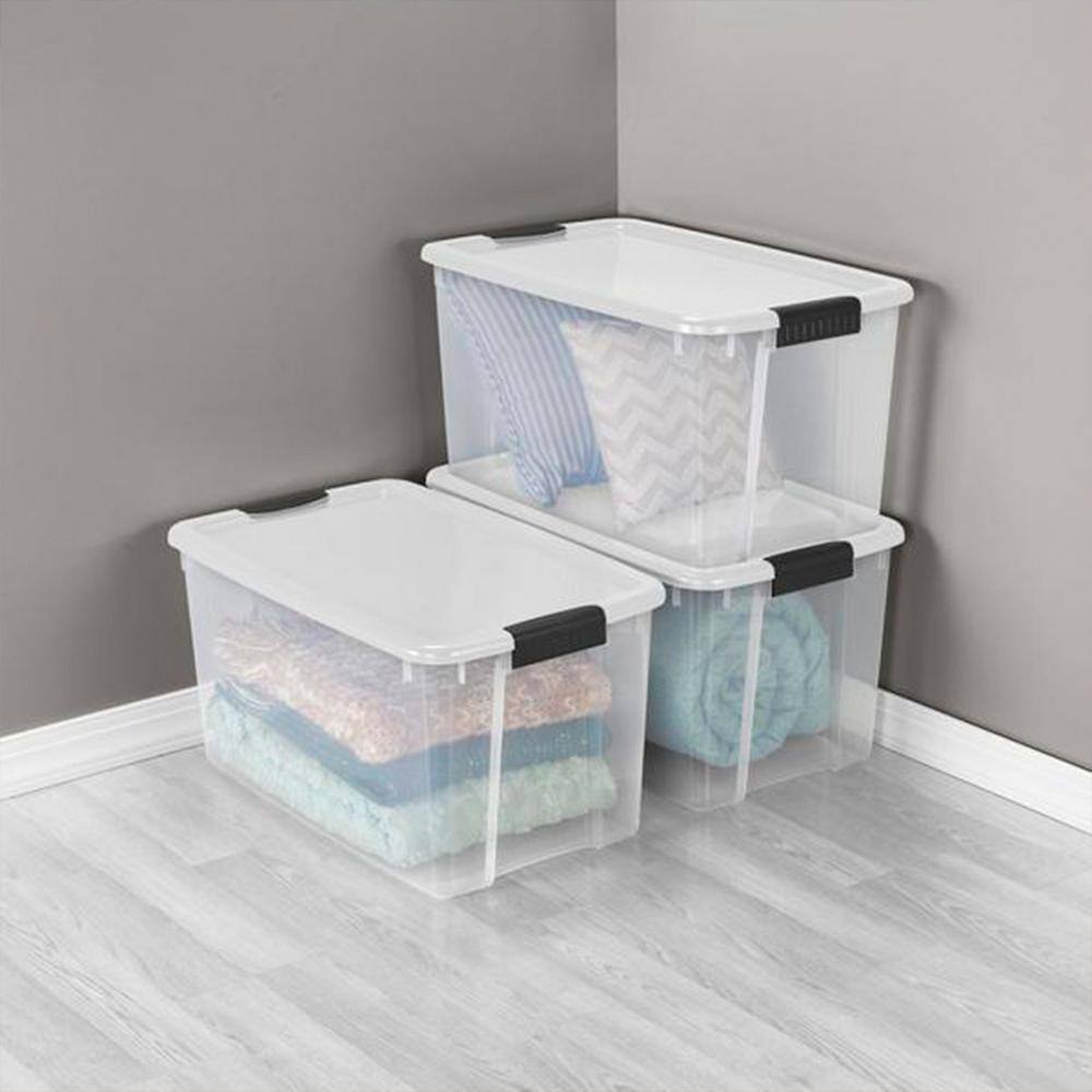 Sterilite 70 Qt. Plastic Stacking Storage Box in White Lid and Clear Base with Black Latches (12-Pack) 12 x 19889804