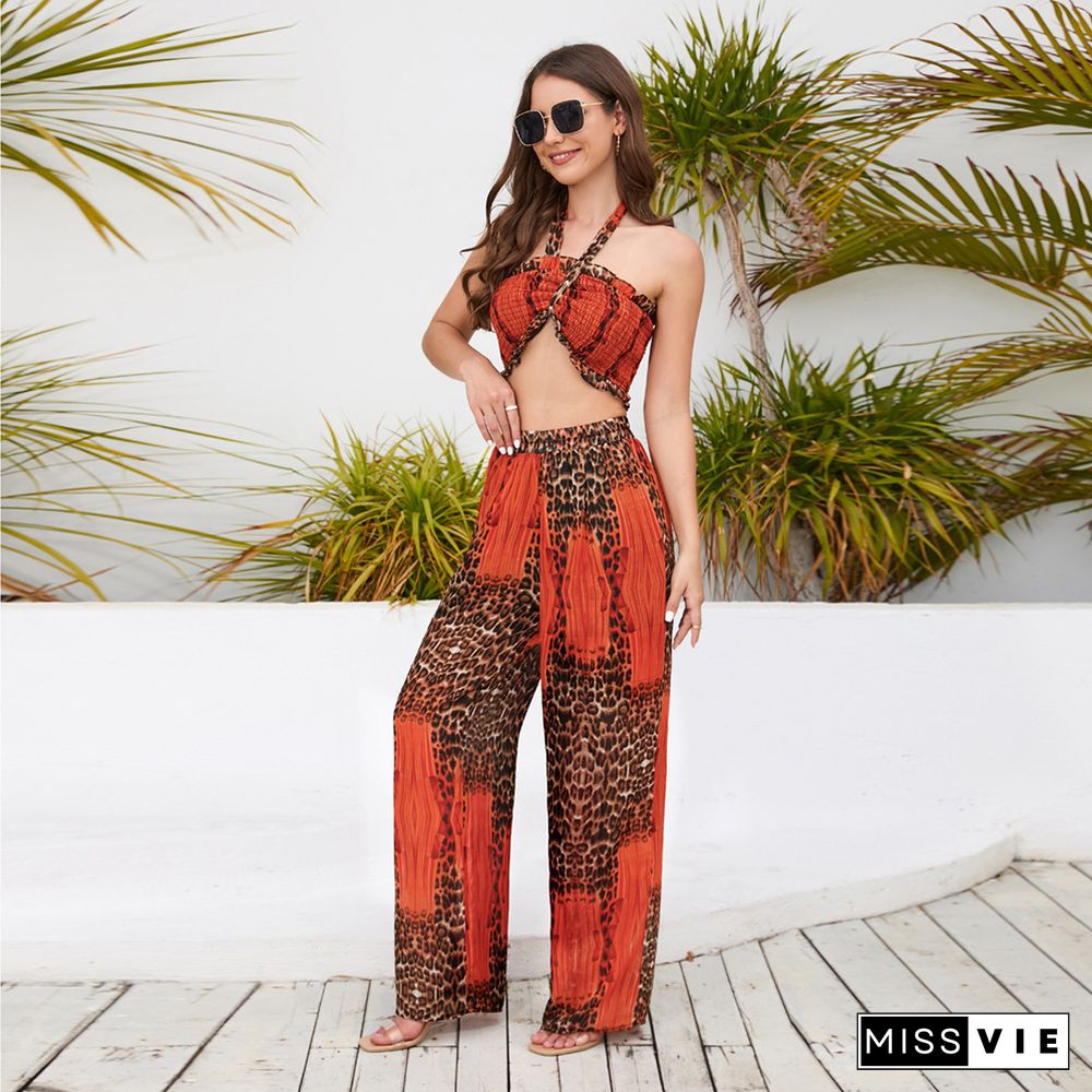 Slim Tube Top Hanging Neck Top Printed Wide-leg Pants Casual Fashion Suit