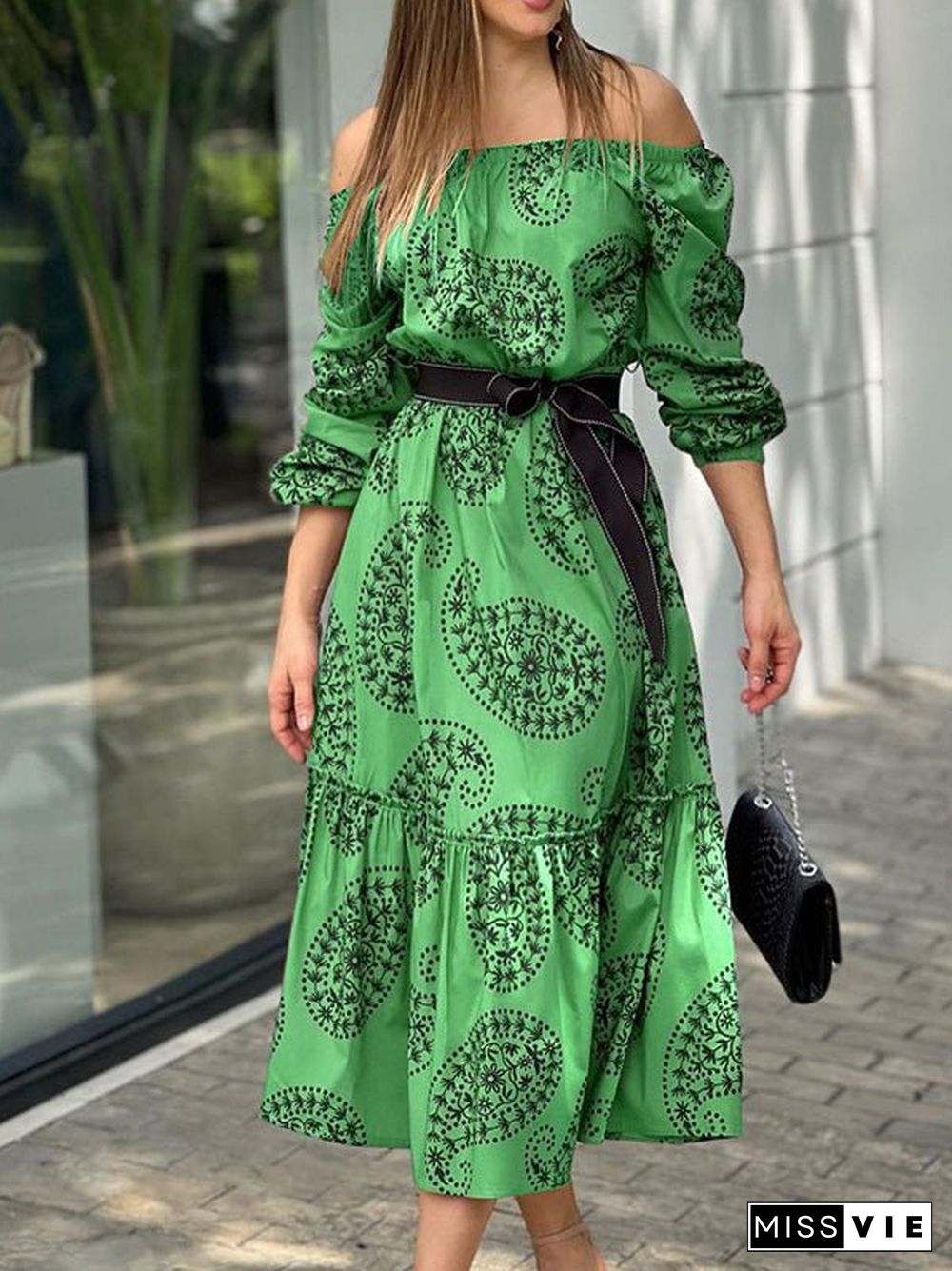 Women'S Dresses One-Shoulder Belted Long Sleeve Print Dress