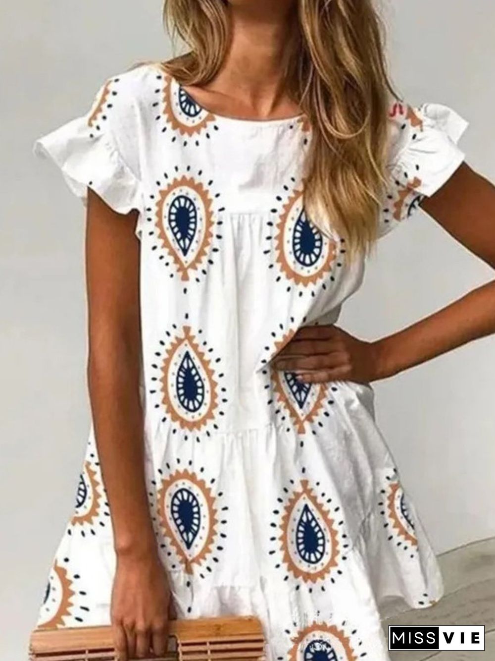 Boho Print Round Neck Puff Sleeve Mini Dress P10327