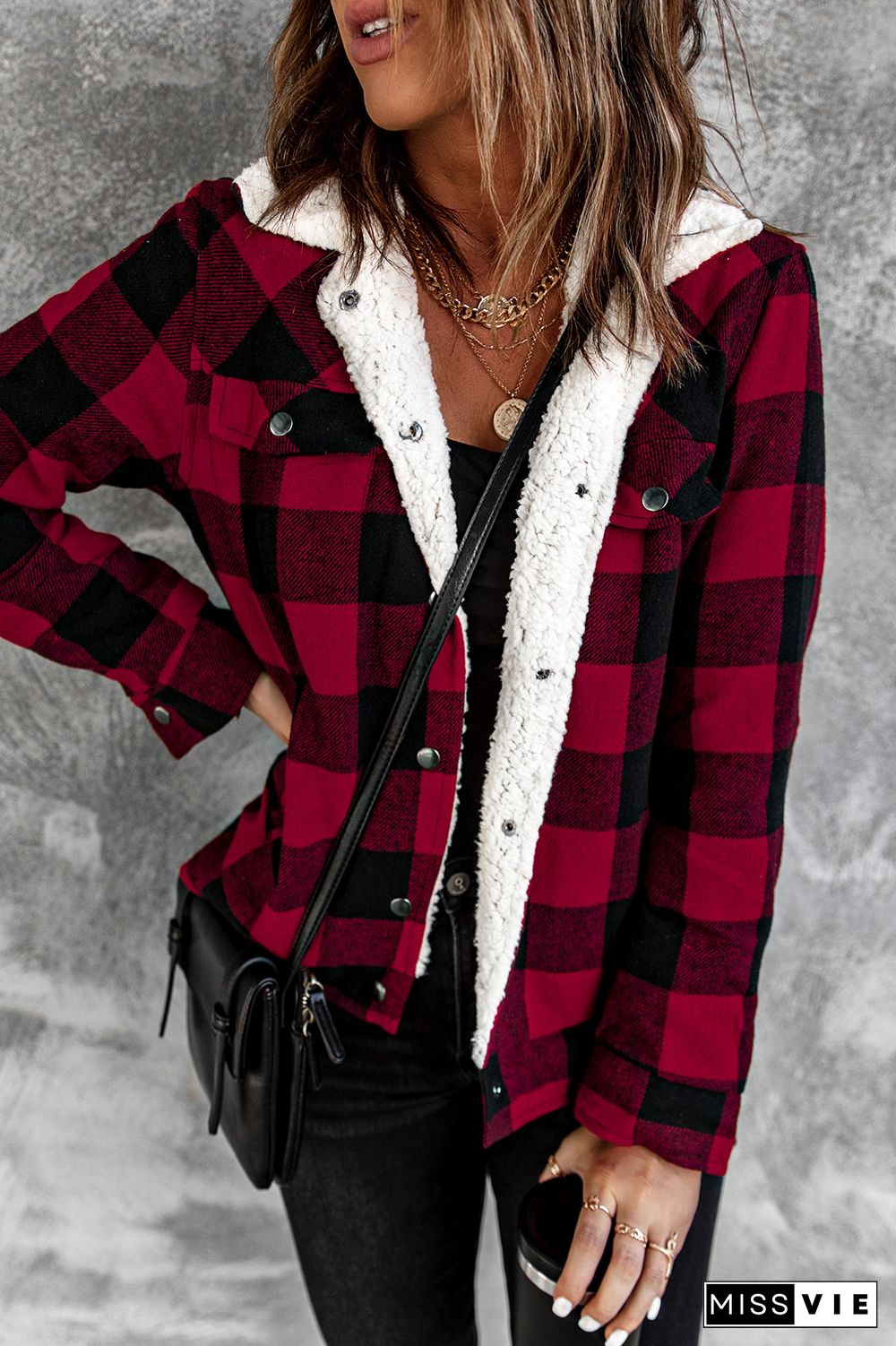 Red Plaid Print Fleece Button Jacket