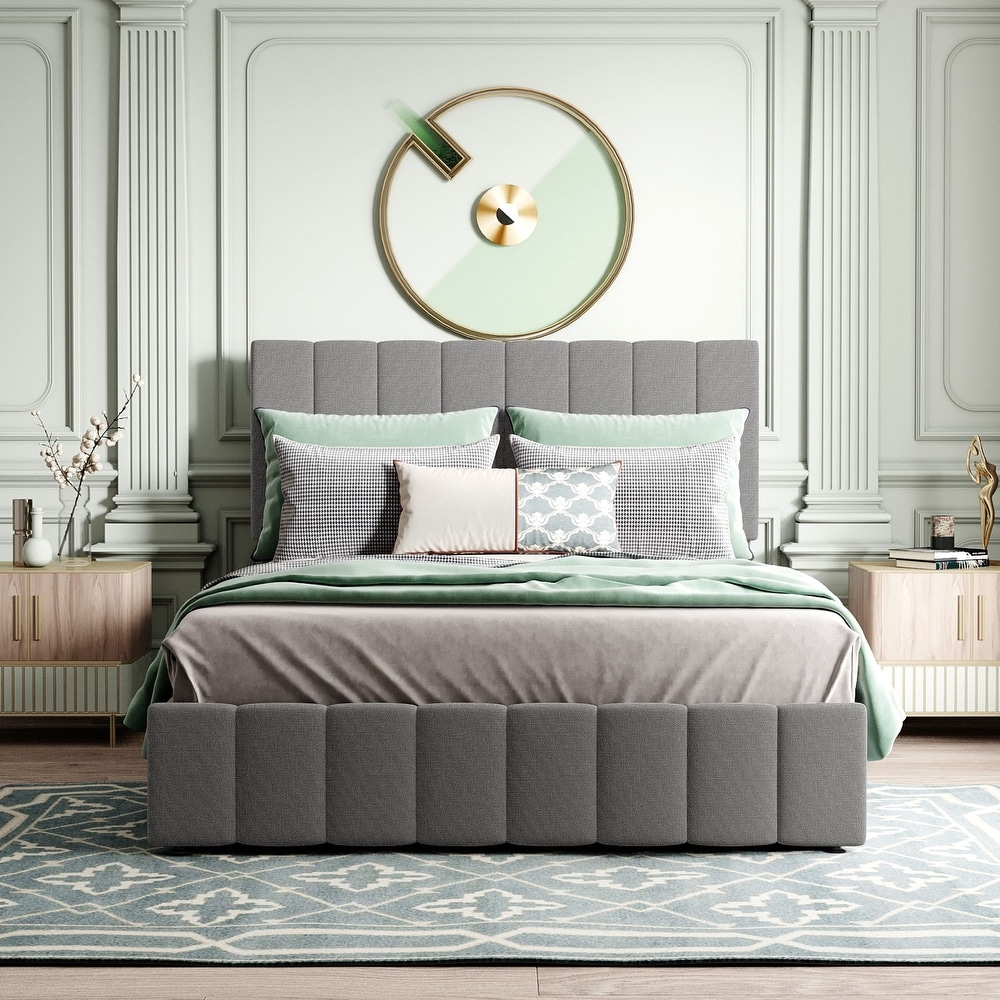 Upholstered Platform Bed with Gas Lift up Storage  Wooden Platform Bed Frame with Tufted Headboard and Hydraulic Storage System