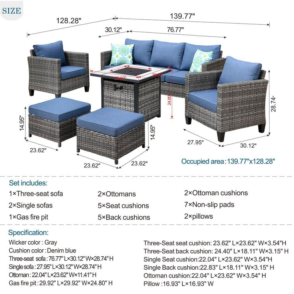 XIZZI Megon Holly 6-Piece Wicker Outdoor Patio Fire Pit Seating Sofa Set with Denim Blue Cushions FPGRS306DB