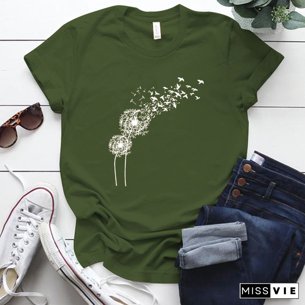 Harajuku Shirt Dandelion Printing Graphic Tees Women Street Style Short Sleeve O-Neck Cotton Woman Tshirts Tops Mulher Camisetas