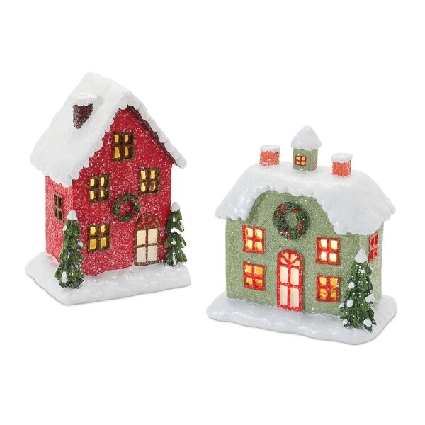 Set of 2 Red and Green LED Lighted Winter Christmas Village Houses 6