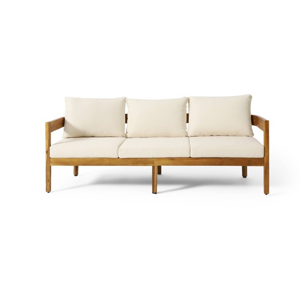 Brooklyn Outdoor Acacia Wood 3 Seat Sofa With Cushions Teak beige Christopher Knight Home