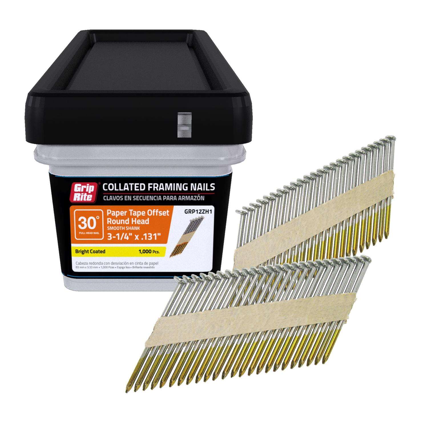 Grip-Rite 3-1/4 in. 12 Ga. Angled Strip Bright Framing Nails 30 deg 1000 pk