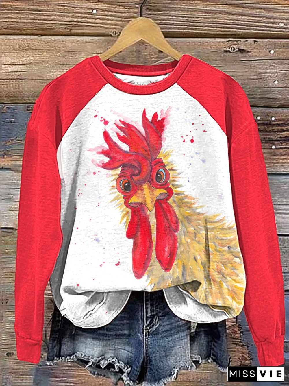 Watercolor Rooster Print casual Cozy sweatshirt