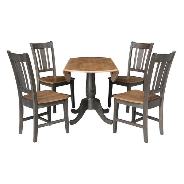 42 in. Round Dual Drop Leaf Dining Table with 4 Splatback Chairs - 5 Piece Set - Hickory/Washed Coal