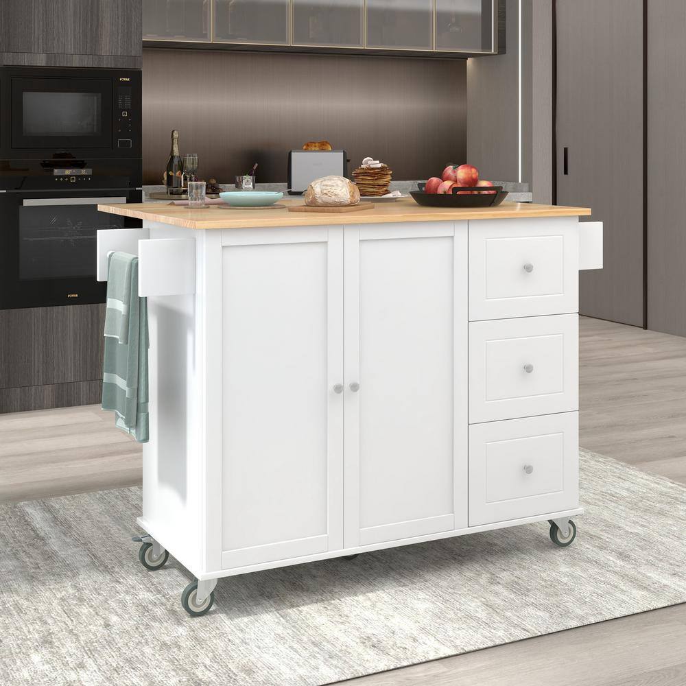 ARTCHIRLY Brown Solid Wood Top 52.7 in. White Kitchen Island with Drop Leaf Breakfast Bar and Drawer KISWF287035AAW