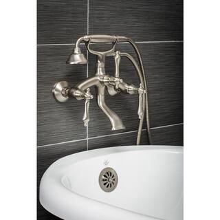 PELHAM  WHITE Vintage Style 3-Handle Wall Mount Claw Foot Tub Faucet with Metal Levers and Handshower in Brushed Nickel PW82510-L-BN