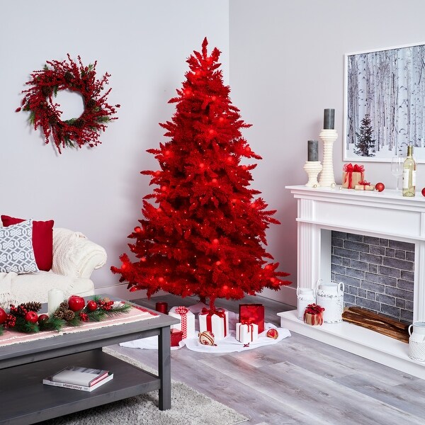 7' Red Flocked Fraser Fir Christmas Tree with 500 Red Lights