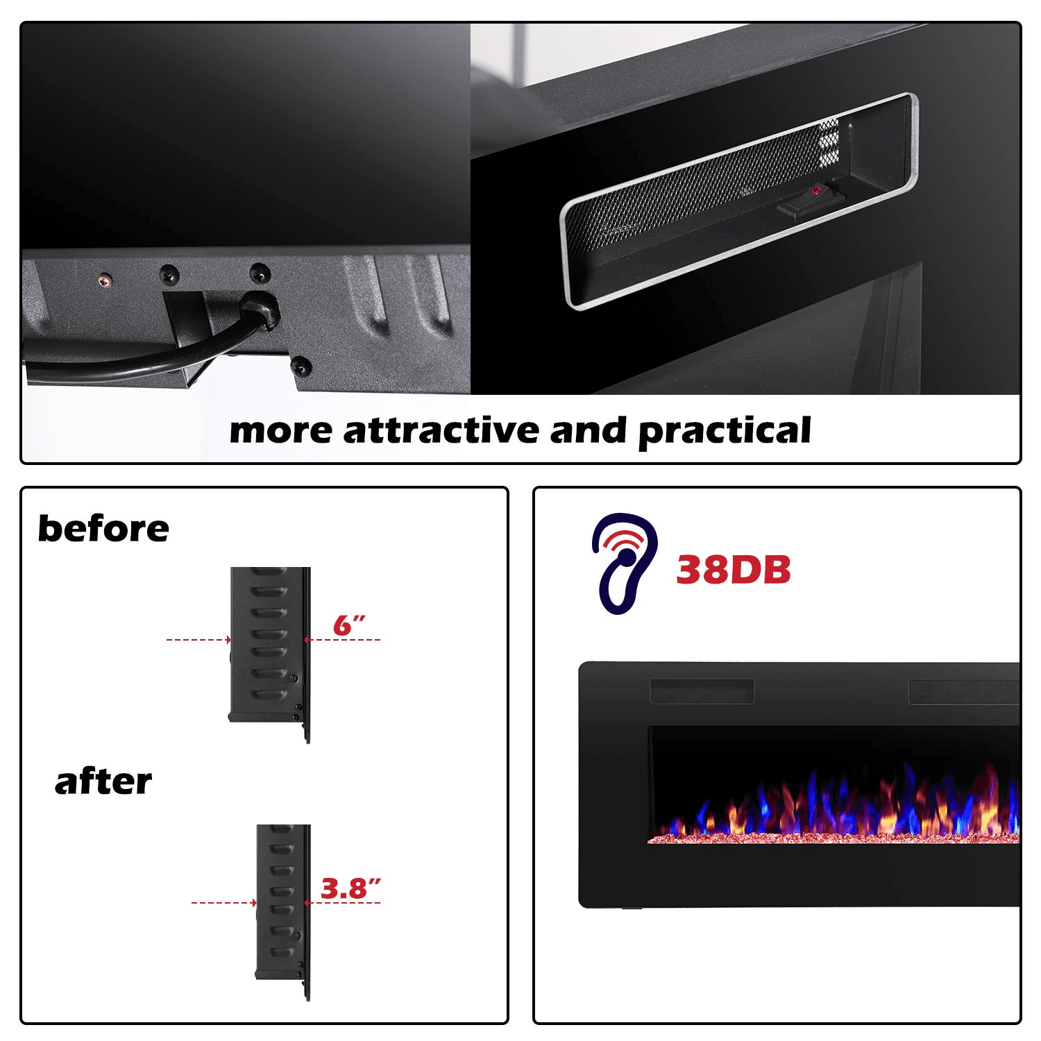 YUKOOL 50" Electric Fireplace Built-in and Wall Mount, Touch Screen, Remote