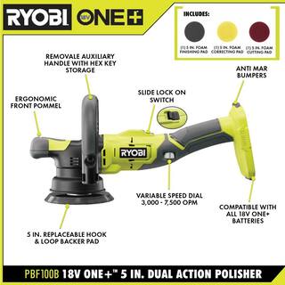 RYOBI ONE+ 18V 5 in. Variable Speed Dual Action Polisher (Tool Only) w3-Piece Foam Dual Action Polisher Finishing Pad Set PBF100B-A38DA301