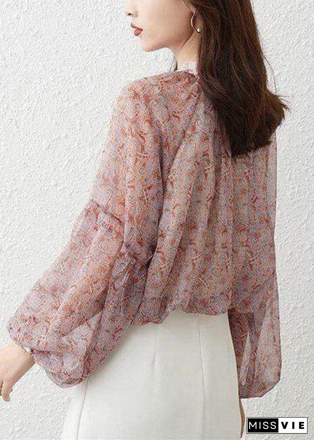 Bohemian Pink Stand Collar Print Chiffon Shirt Top Lantern Sleeve