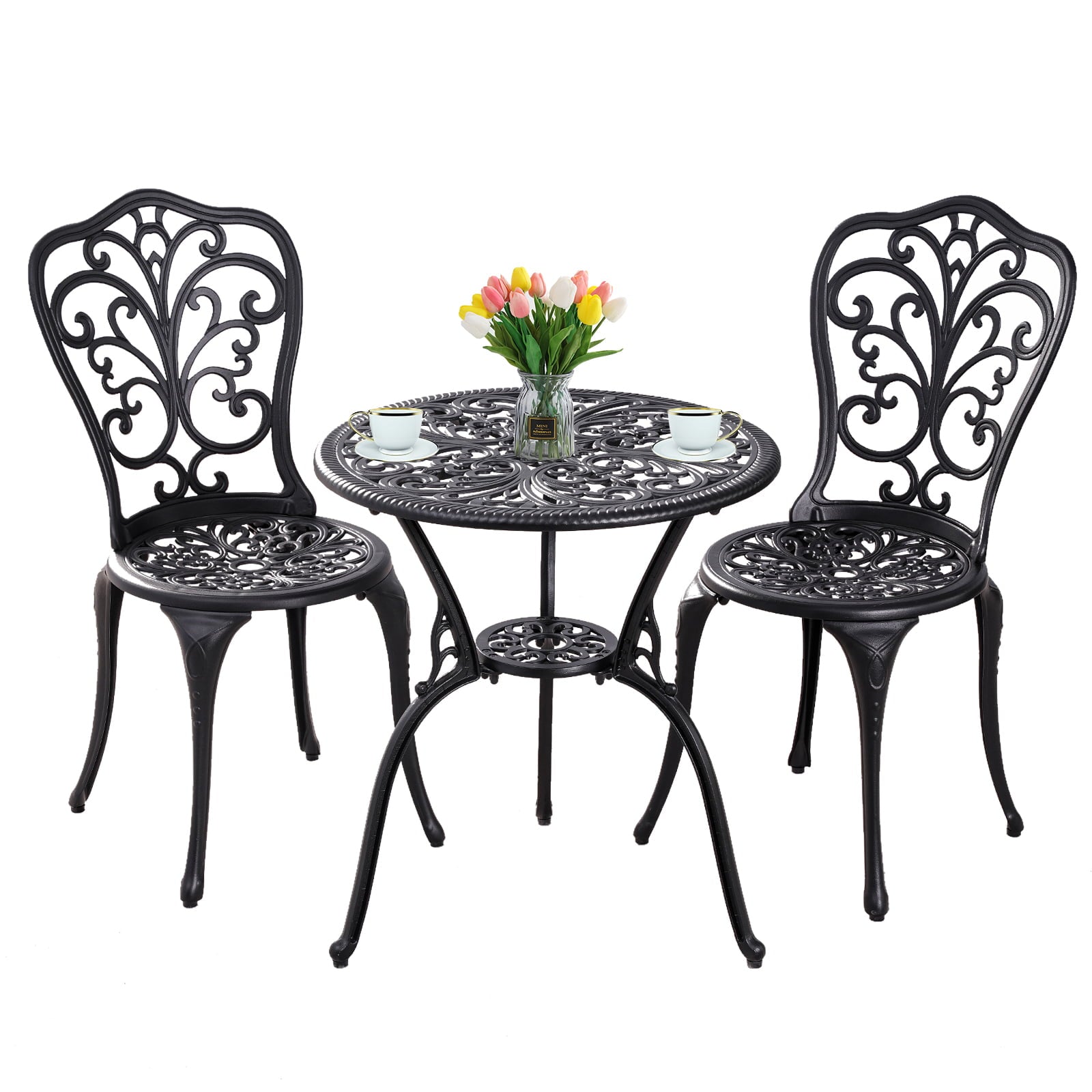 Withniture 3 Piece Patio Bistro Sets Cast Aluminum Bistro Table Set Outdoor Patio Furniture with Umbrella Hole for Patio Set Black