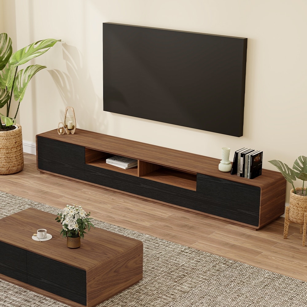 Modern Wood TV Stand  Lowline Media Console with 4 Drawers  Open Storage Cabinet  Walnut Veneer  Fully assembled