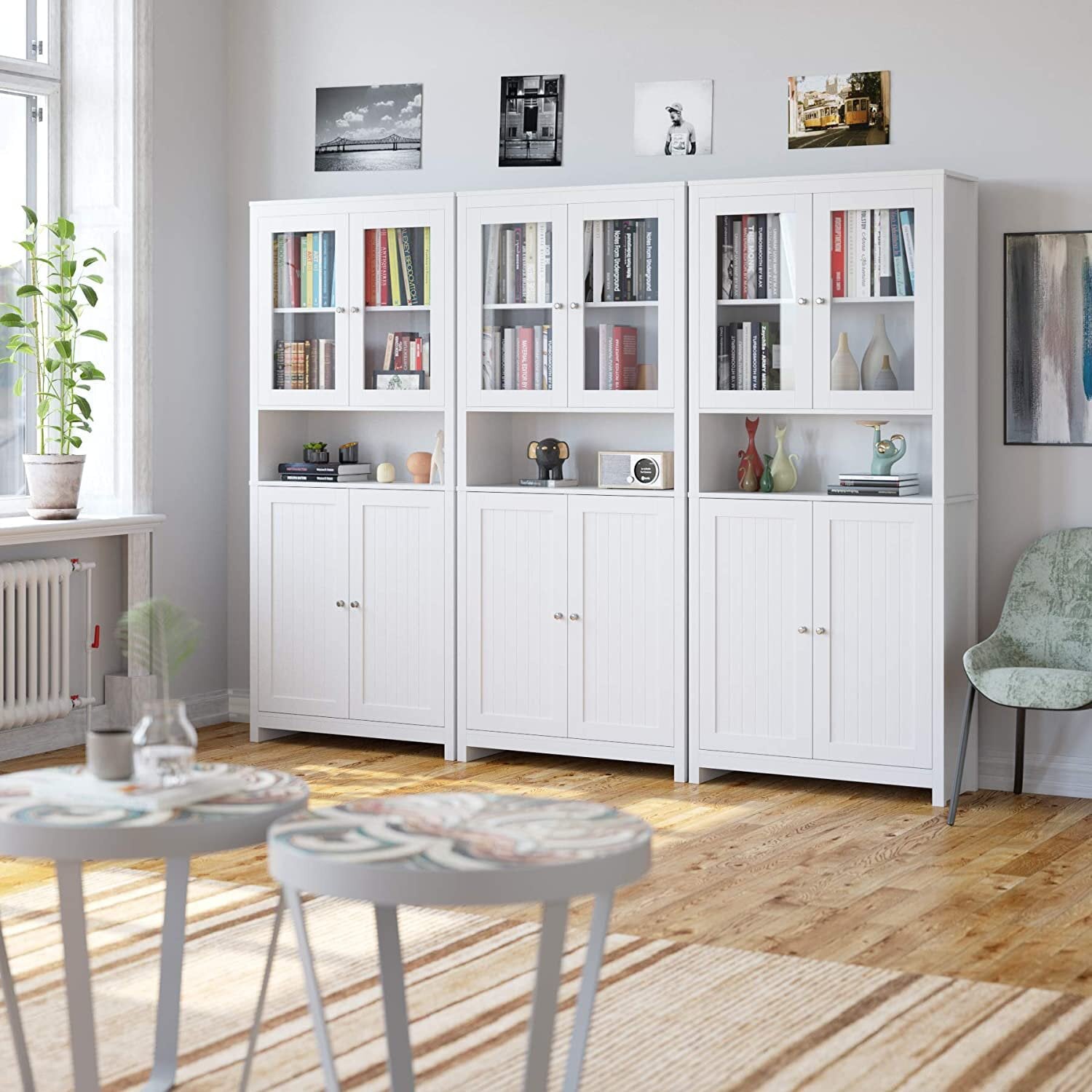 Homfa Standard Bookcase with Doors, Kitchen Hutch Cabinet, 74.6 H 5 Tiers Tall Bookshelf with Glass Doors, White