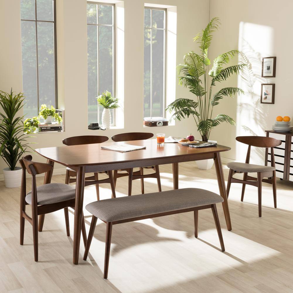 Baxton Studio Flora 6-Piece Gray Fabric and Medium Brown Wood Dining Set 6938-6940-HD