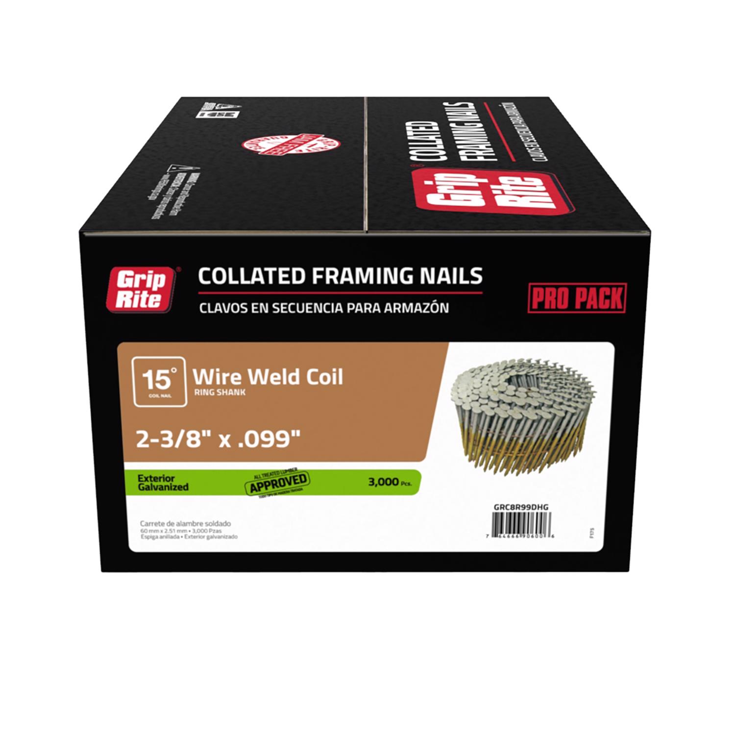 Grip-Rite 2-3/8 in. 12 Ga. Angled Coil Hot-Dip Galvanized Framing Nails 15 deg 3000 pk