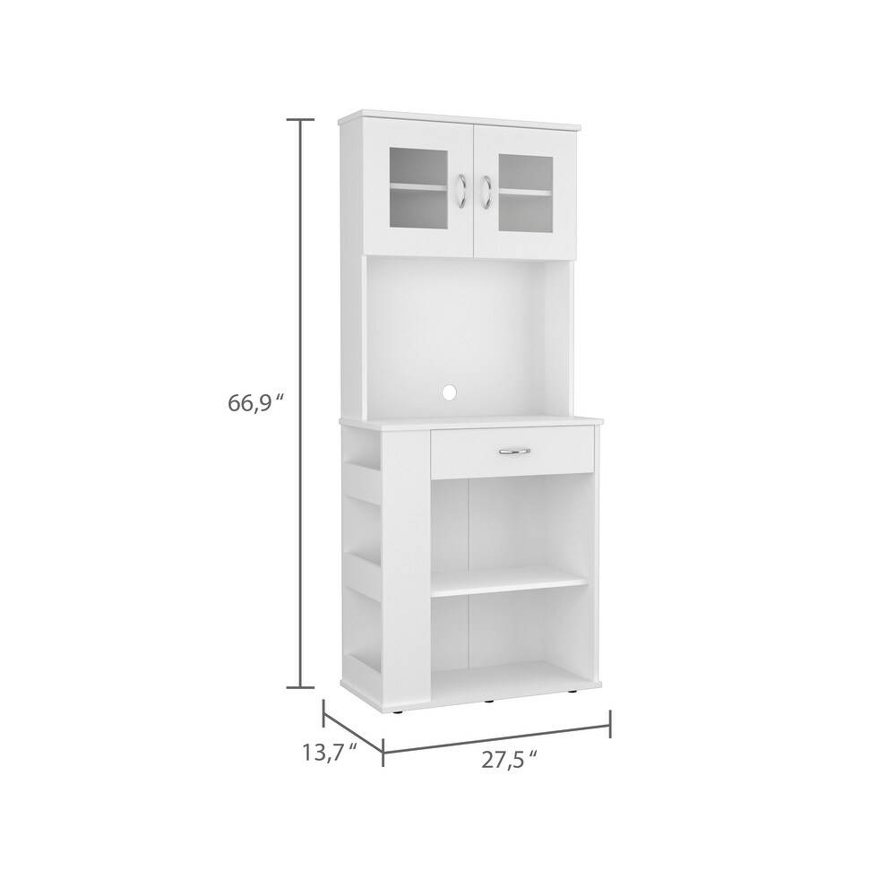 FM Furniture Poole Pantry Cabinet  Three Side Small Shelves  One Drawer  Double Door Cabinet  Four Adjustable Metal Leg