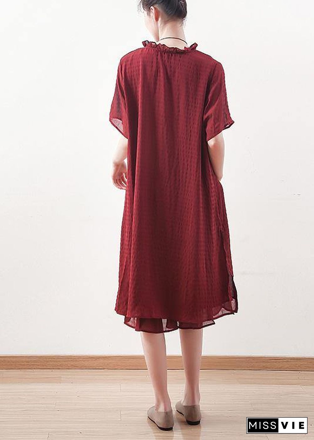 Beautiful red Chiffon clothes ruffles collar short summer shirt Dress