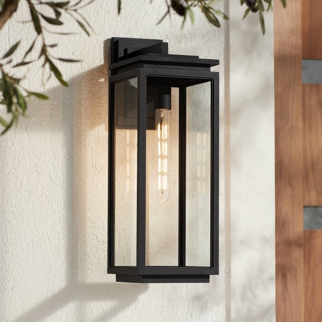 High Modern Outdoor Wall Light Fixture Mount Porch House Weatherproof Matte Black Die Cast Metal Clear Glass Shade