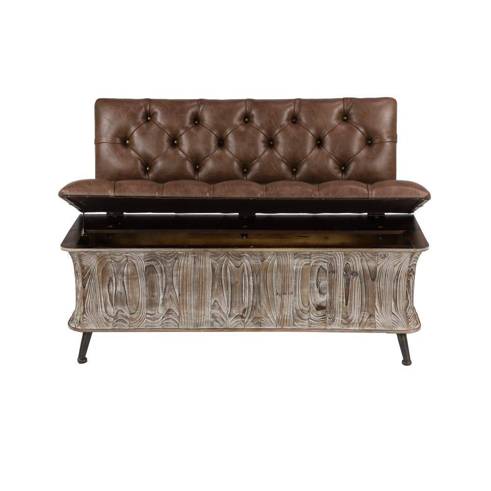 Litton Lane Brown Storage Bench with Tufted Faux Leather Seat and Back 32 in. X 47 in. X 20 in. 90673