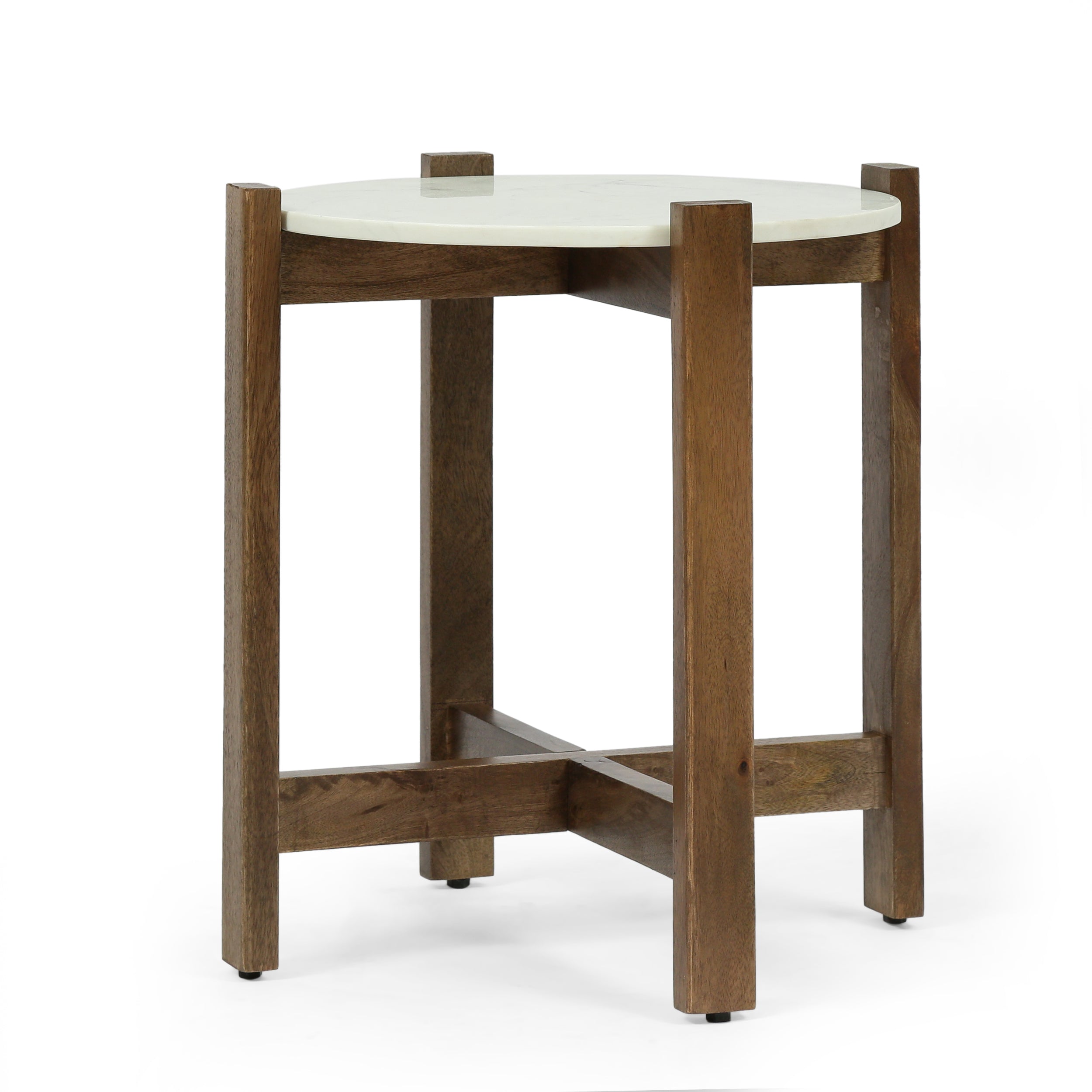 Depolo Rustic Glam Handcrafted Marble Top Mango Wood Side Table, White and Smoke Brown