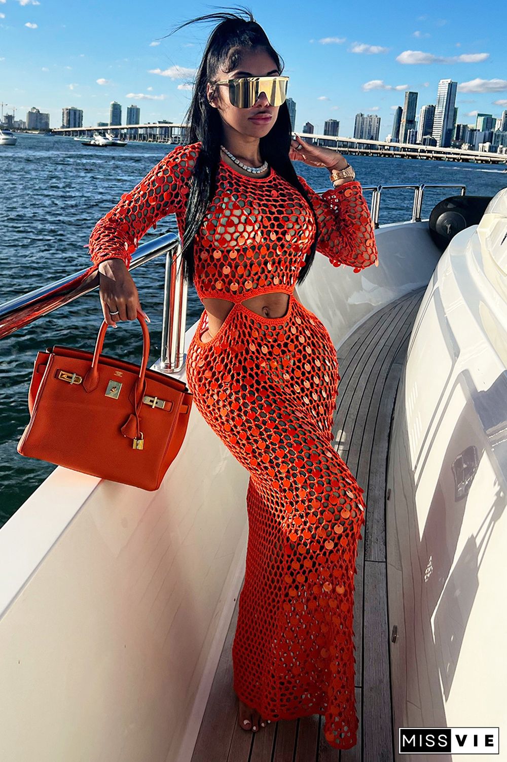 Crochet Sequins Cover Up Long Sleeve Cut Out Maxi Dresses