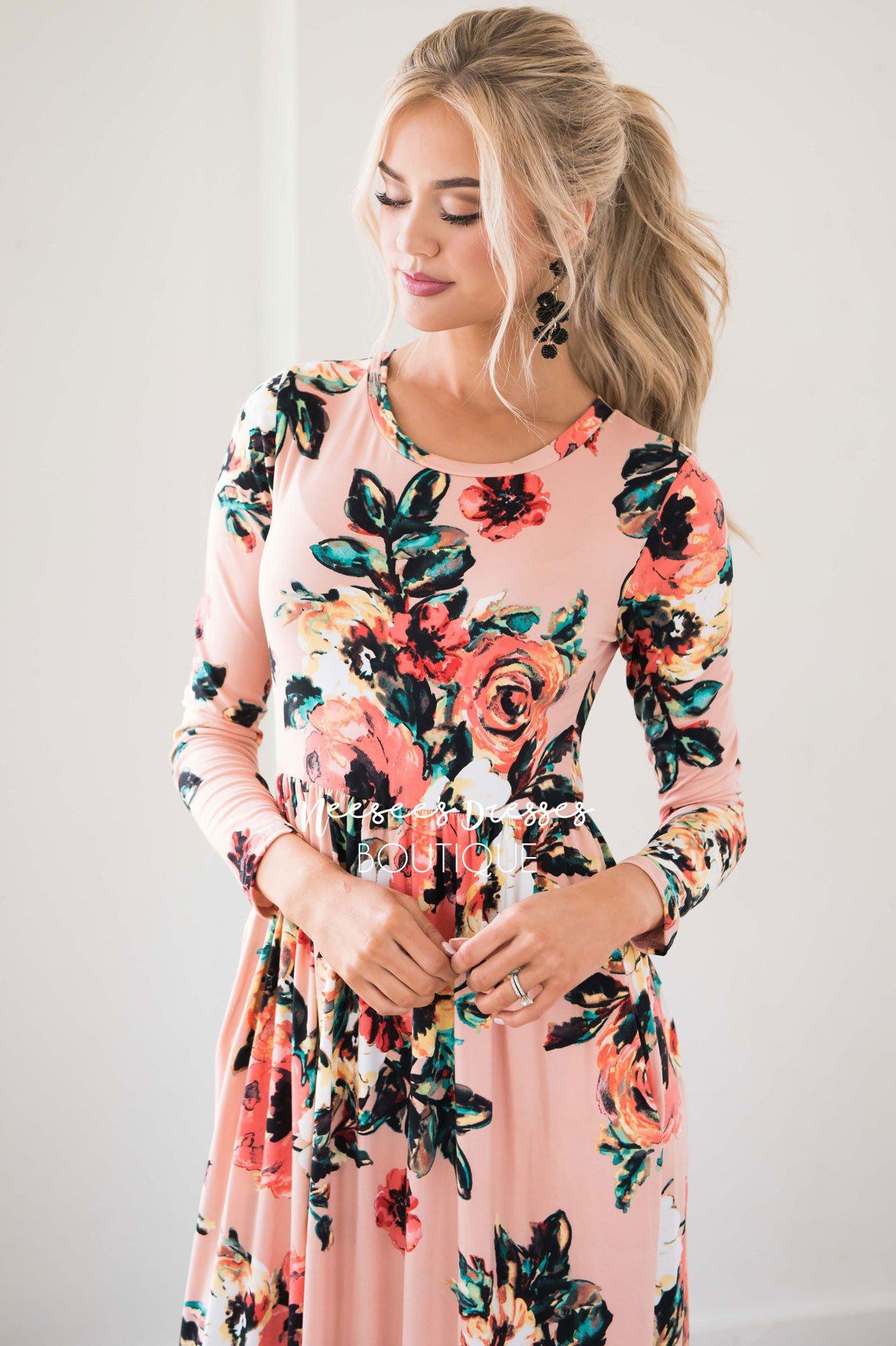 Peach Watercolor Long Sleeve Maxi Dress