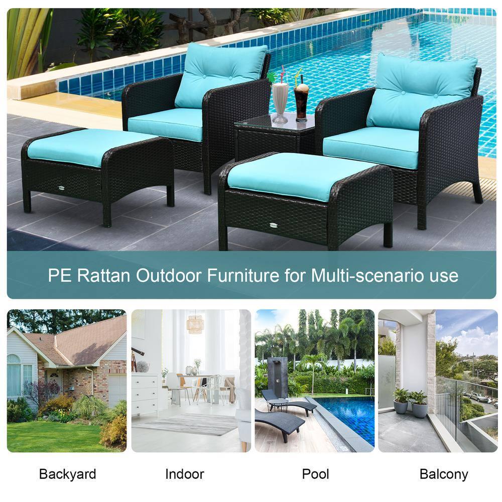 Outsunny 5Piece Metal Frame Plastic Rattan Patio Conversation Set with Blue Cushions 2 Chairs 2 Ottomans and Table