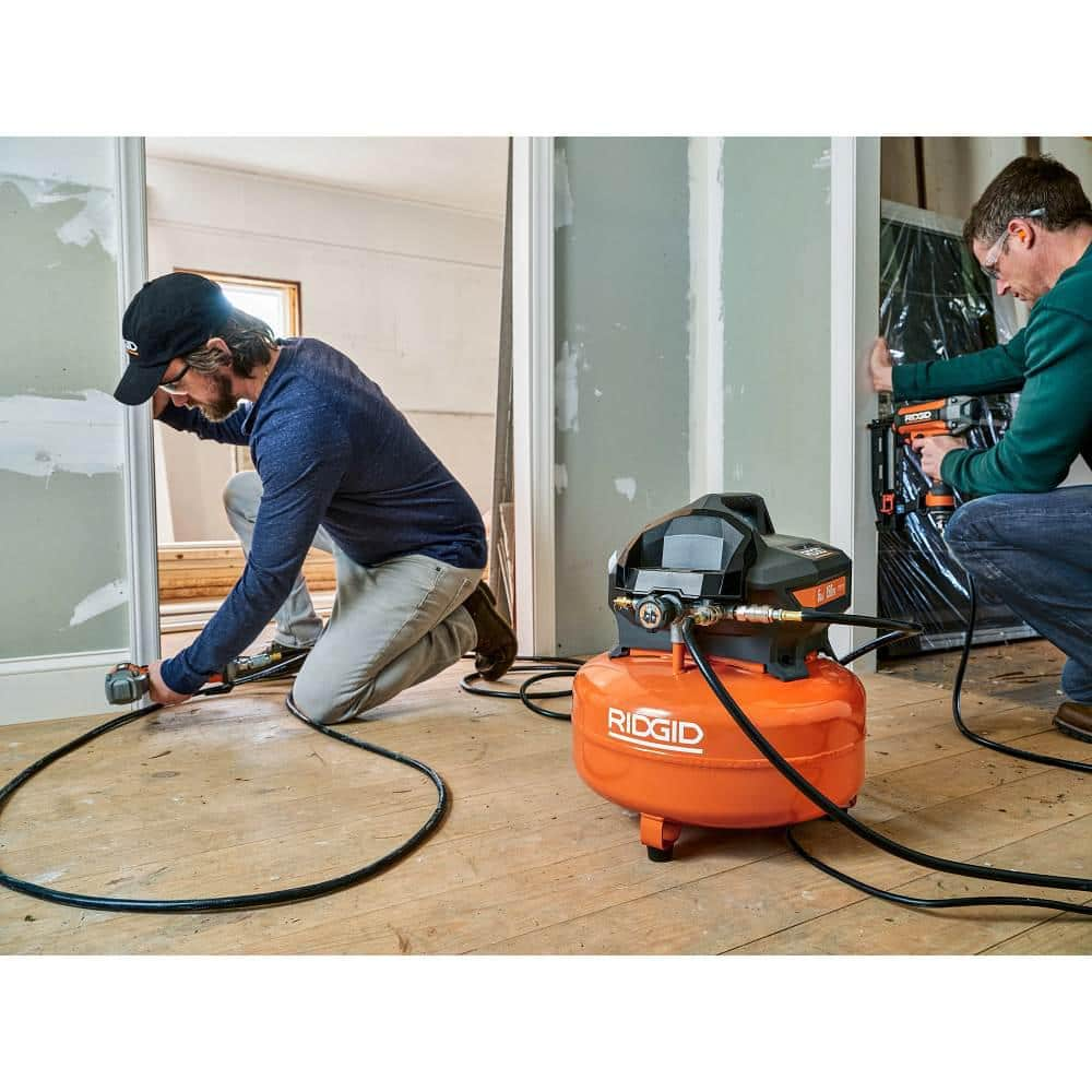 RIDGID 6 Gal. Portable Electric Pancake Air Compressor w/ 18GA Brad Nailer, 16GA Straight Finish Nailer, & 18GA Finish Stapler R69603FK