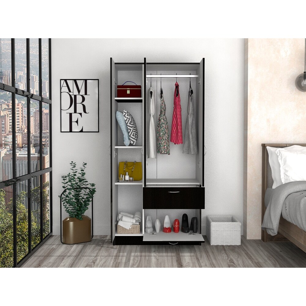 Bedroom Rectangle Armoire Cabinets w/Drawer and Shelves   Metal Rod