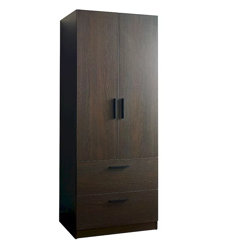 F.C Design Klair Living Two-Door Wood Closet with Two Drawers and Hanging Bars in Dark Brown