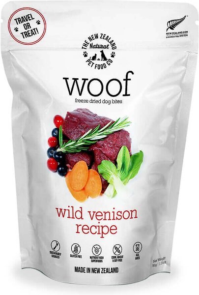 The New Zealand Natural Pet Food Co. Woof Wild Venison Recipe Grain-Free Freeze-Dried Dog Treats， 1.76-oz bag