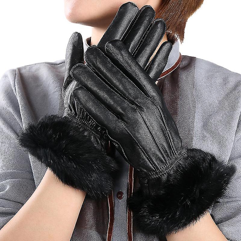 Womens Leather Gloves - Womens Touchscreen Gloves， Ladies Genuine Leather Gloves Black Mittens， Soft Warm Cashmere Lining Winter Gloves 1setblack