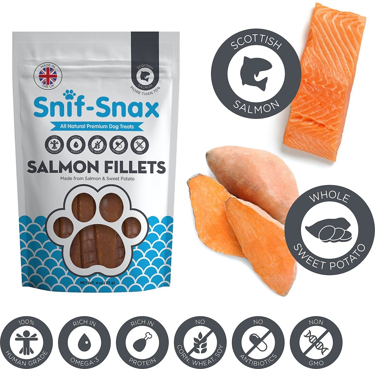 Snif-Snax Smoked Salmon and Sweet Potato Fillet Strips Grain-Free Dog Treats