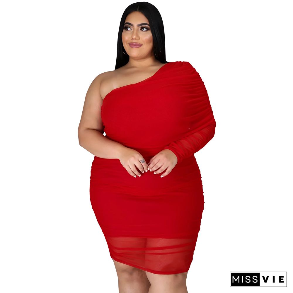 Plus Size Mesh Solid Single Sleeve Bodycon Dress