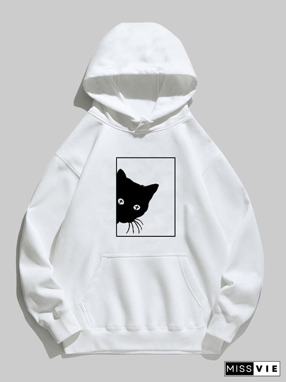 Cartoon Cat Printed Long Sleeve Drawstring Hoodie for Women