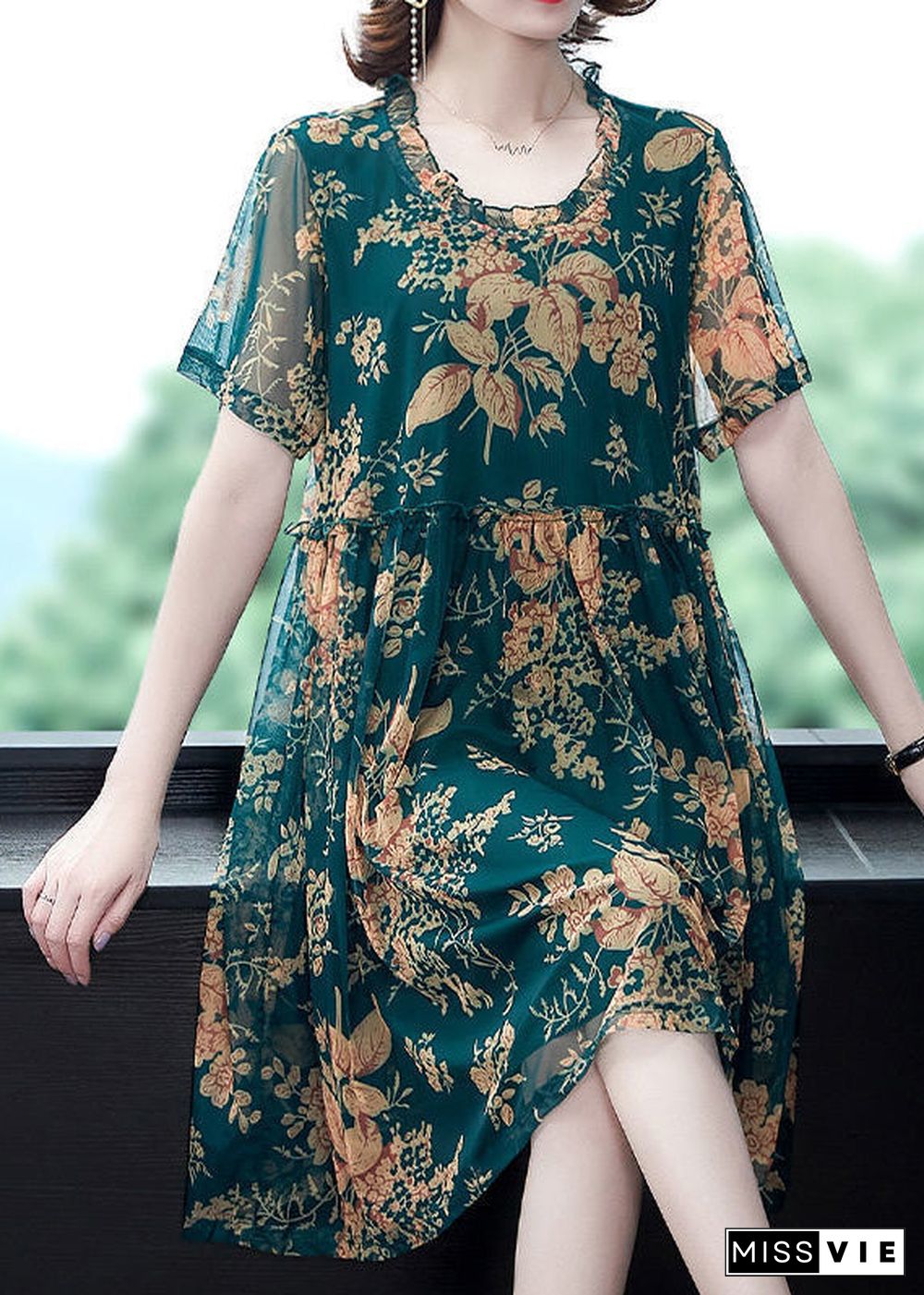 Italian Green O-Neck Print Holiday Long Dress Summer