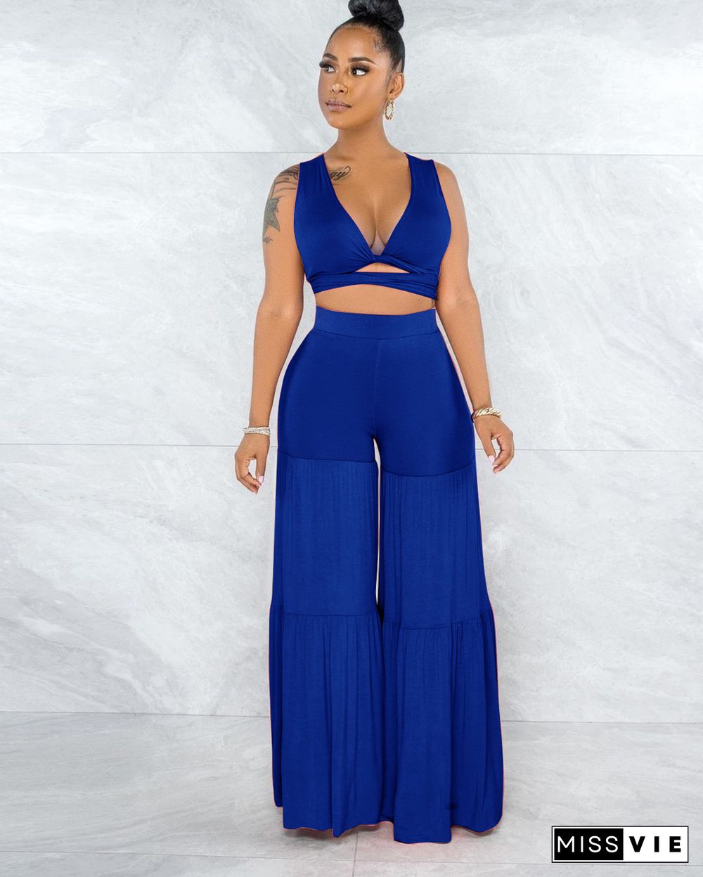 Sexy Bundled Pleated Wide-Leg Pants Two-Piece Suit