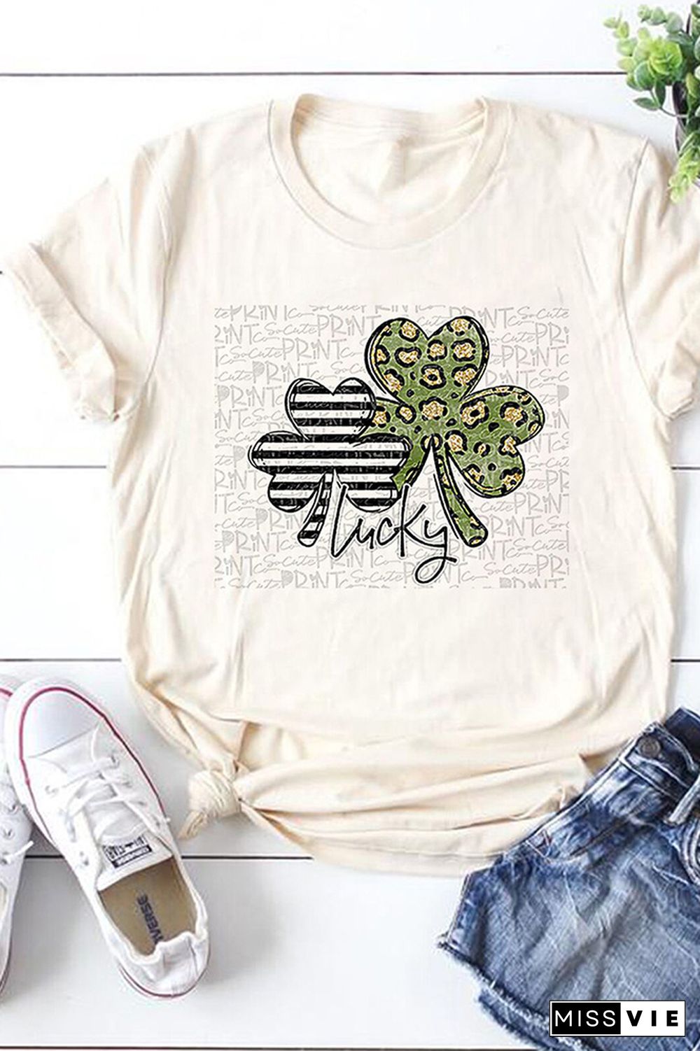 Clover and Lucky Print Graphic Tees for Women Wholesale Short Sleeve T shirts Top