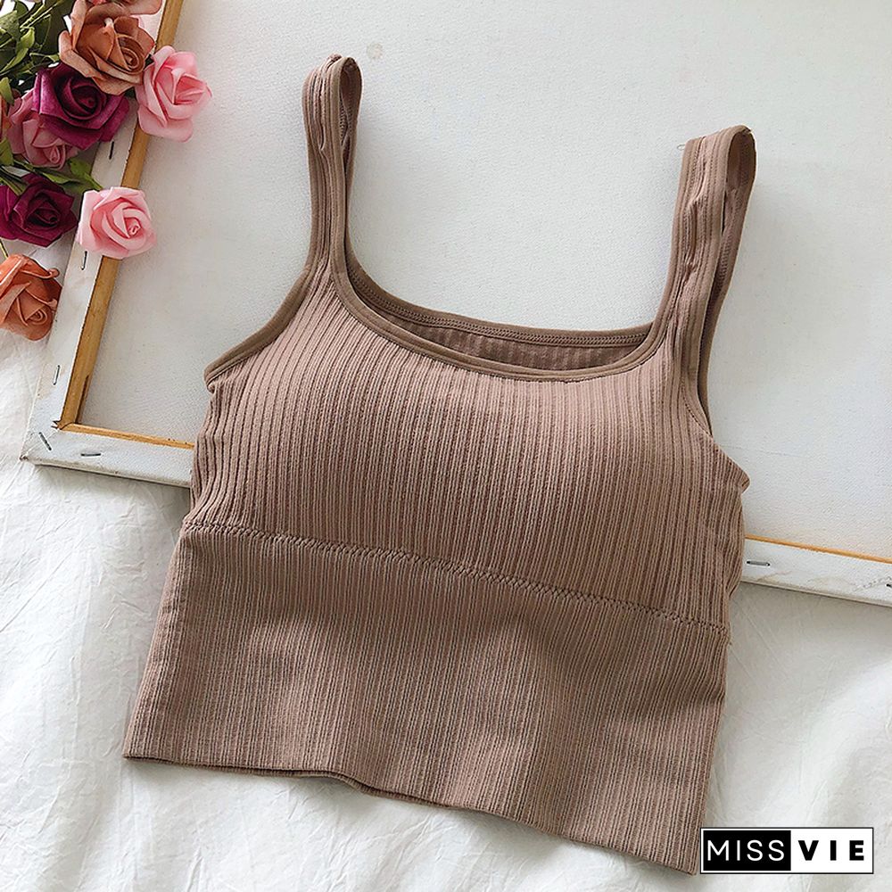 Pearl Diary Bra Tops Summer V Neck Rib Crop Tank Top With Detachable Bra Pads Sleevelss Solid Color Backless Sporty Bra Top